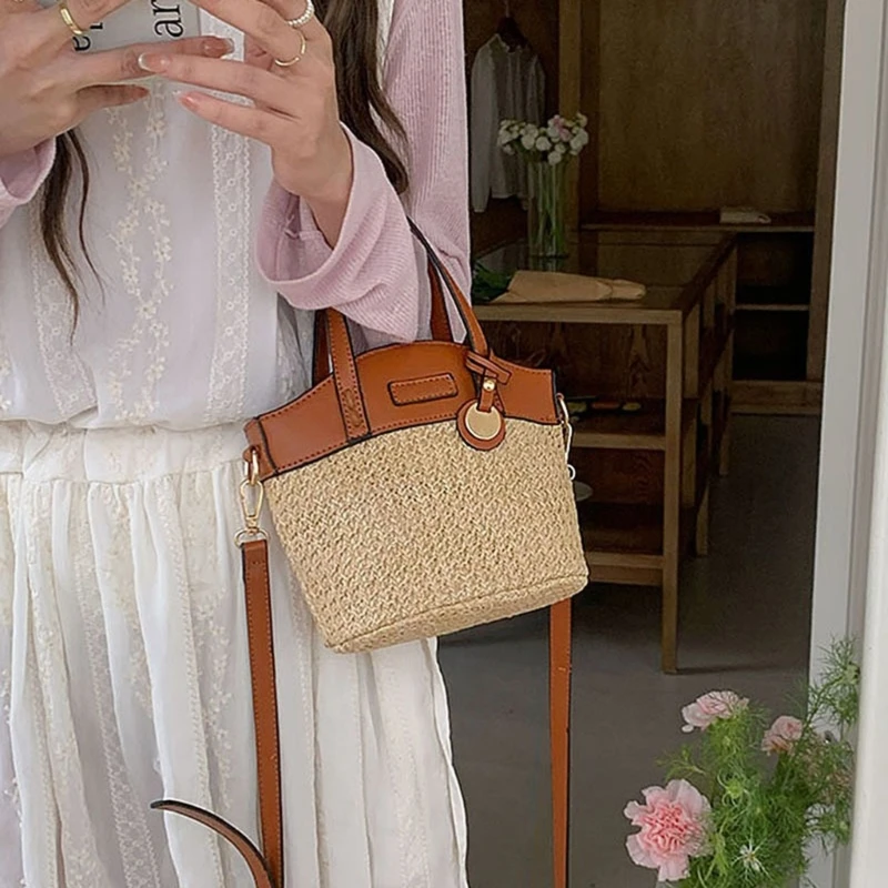 Vintage Woven Straw Crossbody Bag Top Handle Spliced Shoulder Handbag for Women E74B