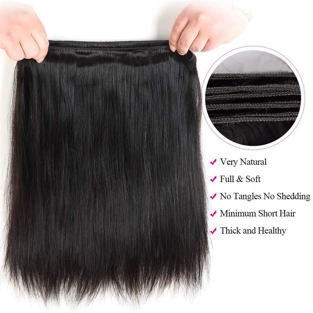 Extensiones de cabello humano liso para mujer, mechones de cabello humano virgen brasileño liso y sedoso, tejido negro Natural # 1B