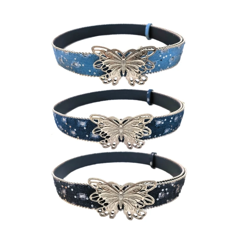 

652F Aesthetic Butterfly Buckle Belt for Female Fashion Sequined Belt with Bead Trim Cool Waistband for Dress Pants Decors