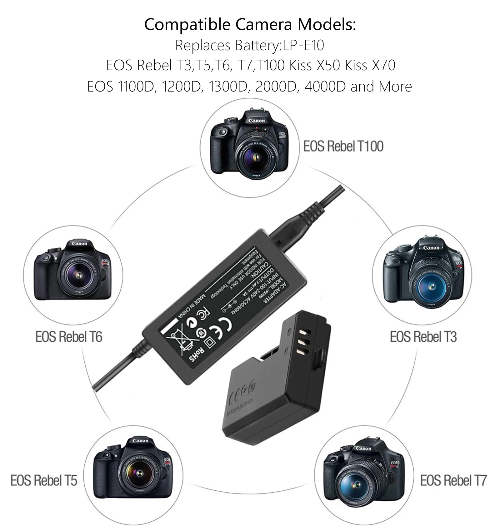 LP E10 LP-E10 Dummy Battery ACK-E10 DR-E10 Power Adapter Kit for Canon EOS Rebel T3 T6 T5 T7 1100D 1200D Kiss X50 X70 X80 X90