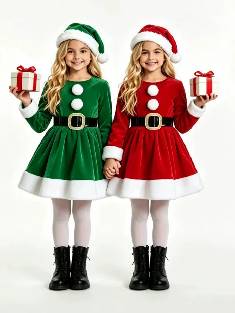 2026 New Christmas Dress Girls Xmas Solid Long Sleeve Dress Children's New Year Performance Party Dressing Up Costume 3-12 Years