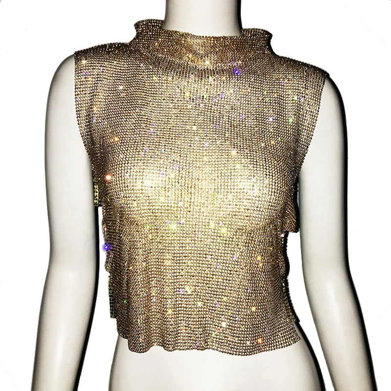 Nowy damski metalowy Rhinestone wydrążony na szyję Tank seksowny Top pikantna dziewczyna bez rękawów