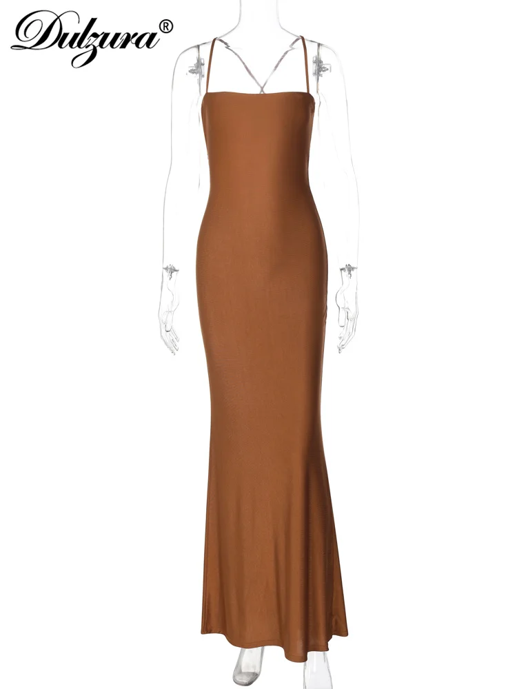 Dulzura Sleeveless Backless Lace Up Cami Maxi Dress Sexy Elegant Bodycon Outfit For Prom Evening Party Club Autumn Winter