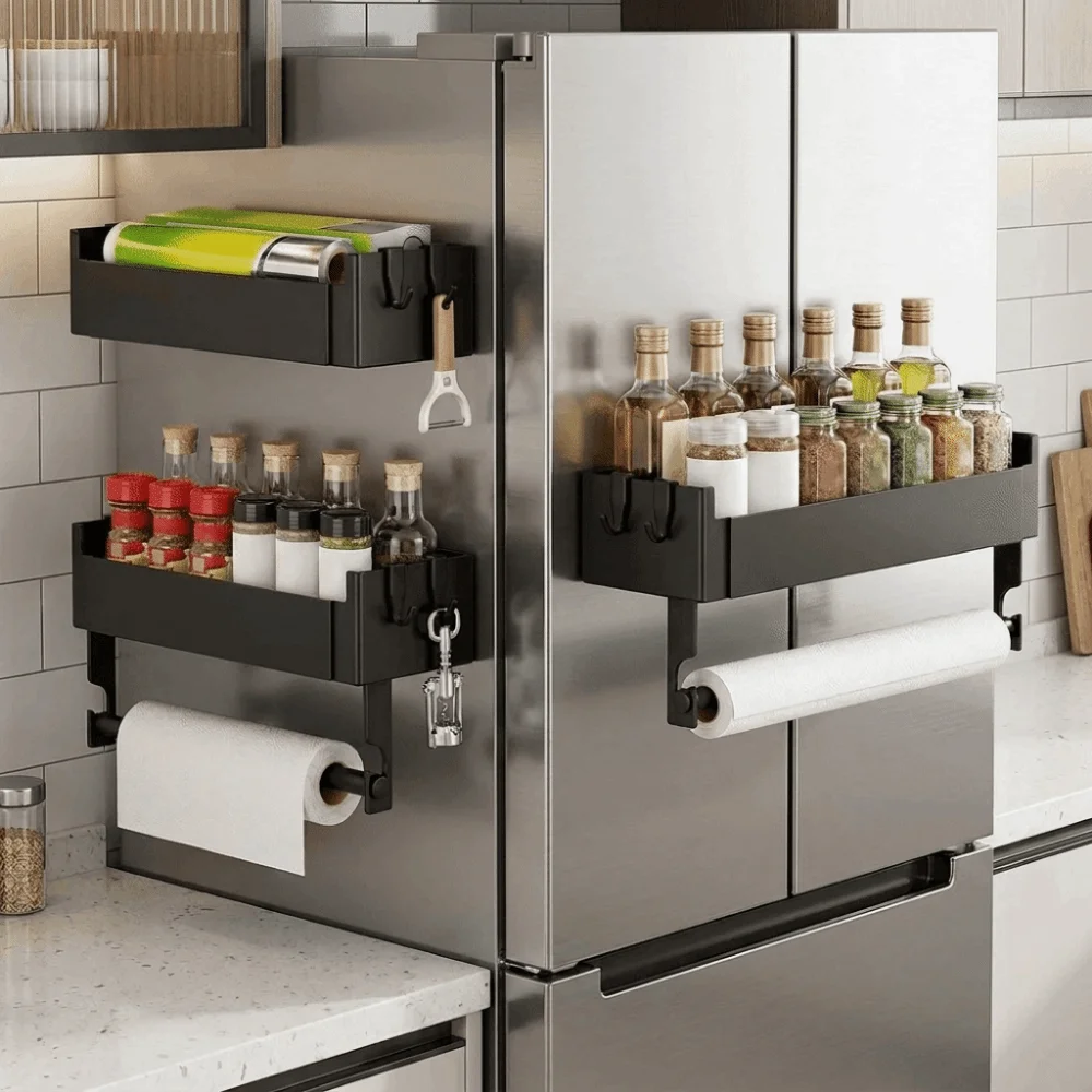 

Carbon Steel Refrigerator Magnetic Shelf Punch Free Wall Mounted Spice Storage Rack Space Saving Large Capacity
