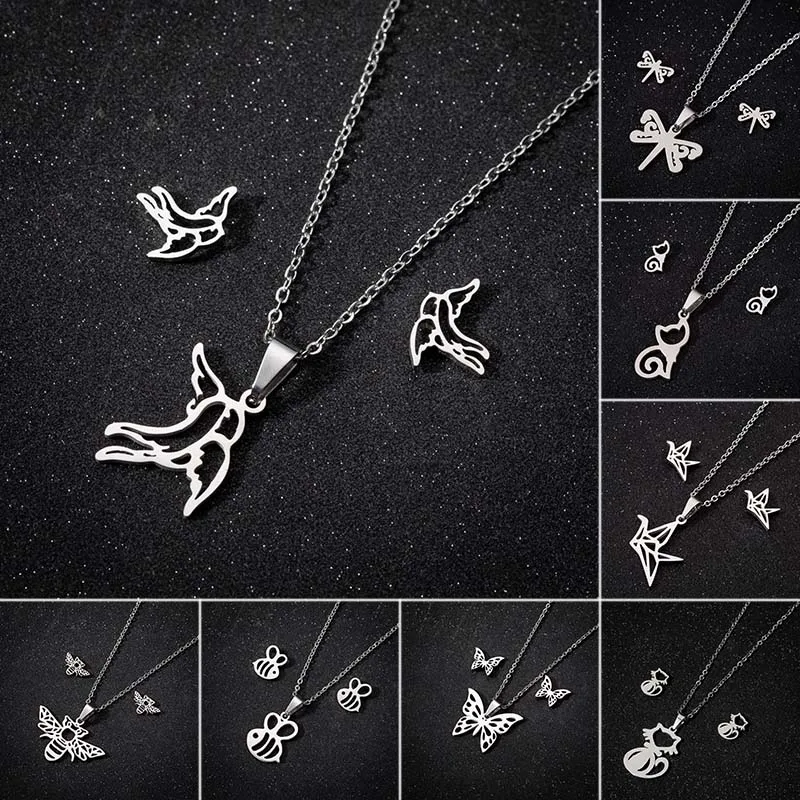 Shuangshuo 2025 Fashion Cute Hollow Animal Stainless Steel Jewelry Sets for Women Origami Swallow Necklace Earrings Jewelry Gift