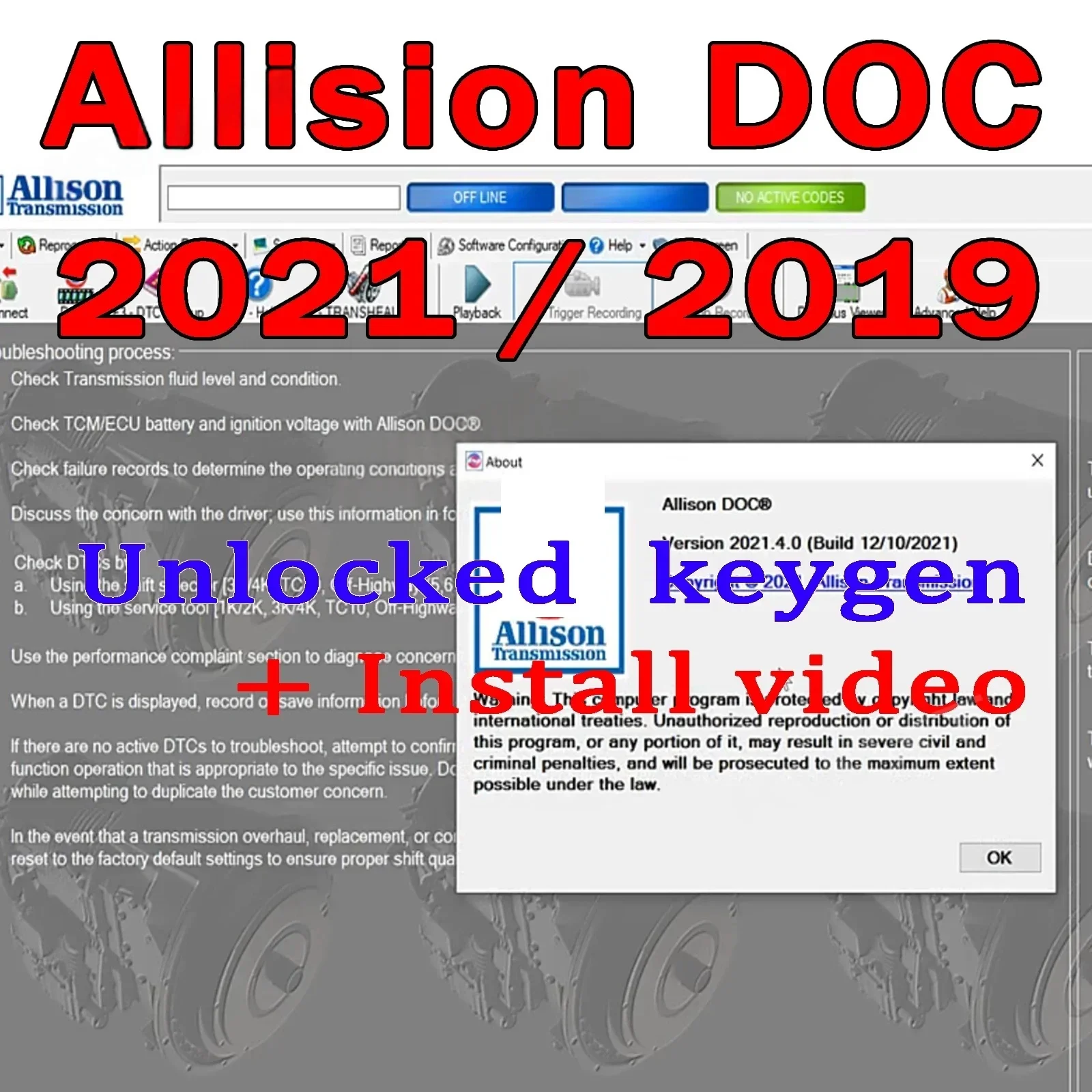 HOT Allison Doc V2021.5 Unlimited Install Gen5 Data Programming Transmission  enabling fault code reading, monitoring service