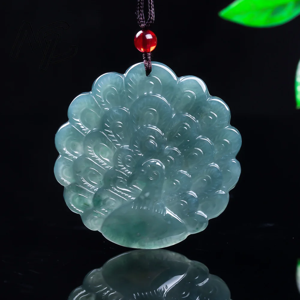 

Natural Emerald Burmese Jade Blue Water Peacock Pendant Carved Charm Jadeite Jewelry Fashion Gift for Women Men Certificate