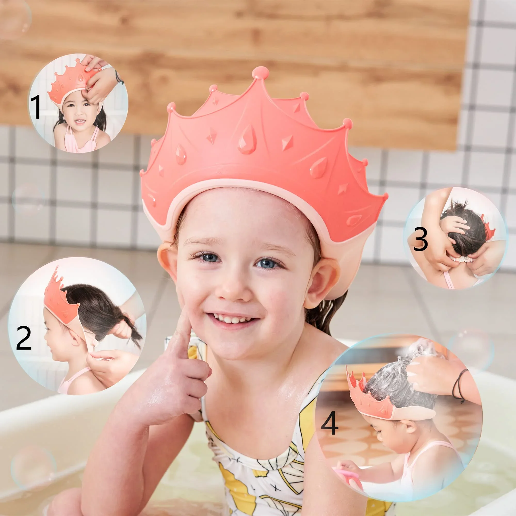 Coroa touca de banho do bebê crianças dos desenhos animados viseira de banho infantil protetor de cabelo proteção de ouvido à prova dwaterproof água do bebê tamanho ajustável shampoo boné