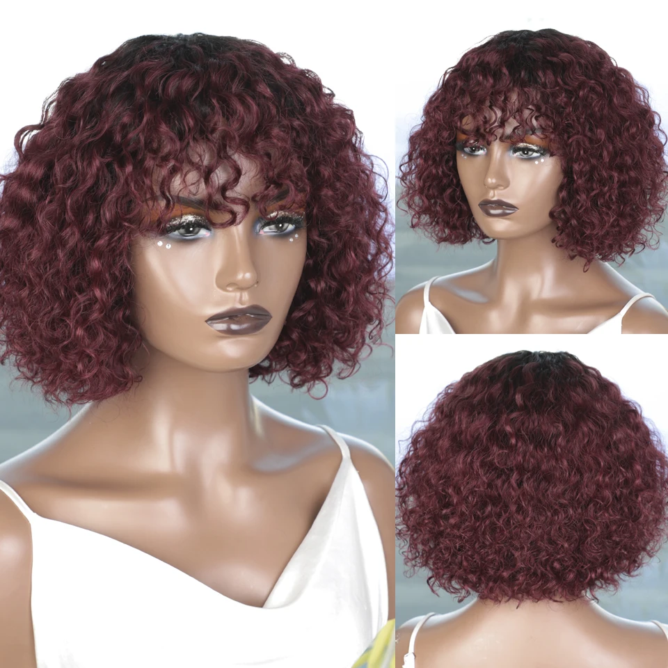 Jerry Curly Short Pixie Bob Cut 1B 99J Human Hair Wigs With Bangs Brazil Short Wigs For Women Highlight Colored Human Hair Wigs