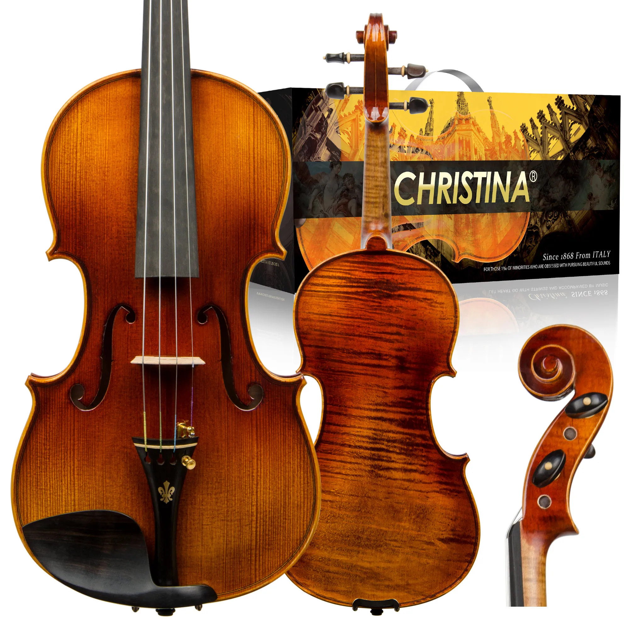 

CHRISTINA Handmade Violin V07C Gradient Color Solid European Spruce Flame Maple Ebony Fittings Available in 4/4-1/8 Sizes