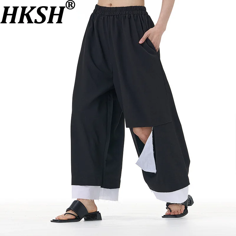 

HKSH весна осень новые женские рваные укороченные брюки широкие брюки с эластичной резинкой на талии и карманами контрастного цвета универсальные повседневные модные HK13158