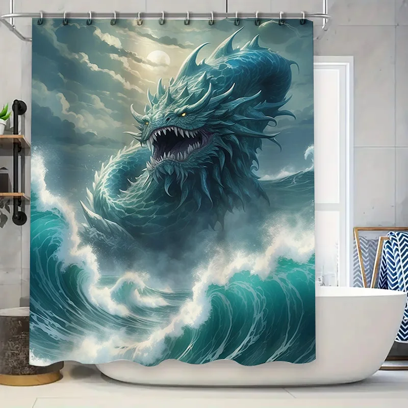 

Ocean Wave Blue Monster Shower Curtain Wall Decor for Bathroom with Hook Loop Tapes 180x240cm Waterproof Fabric Art Print