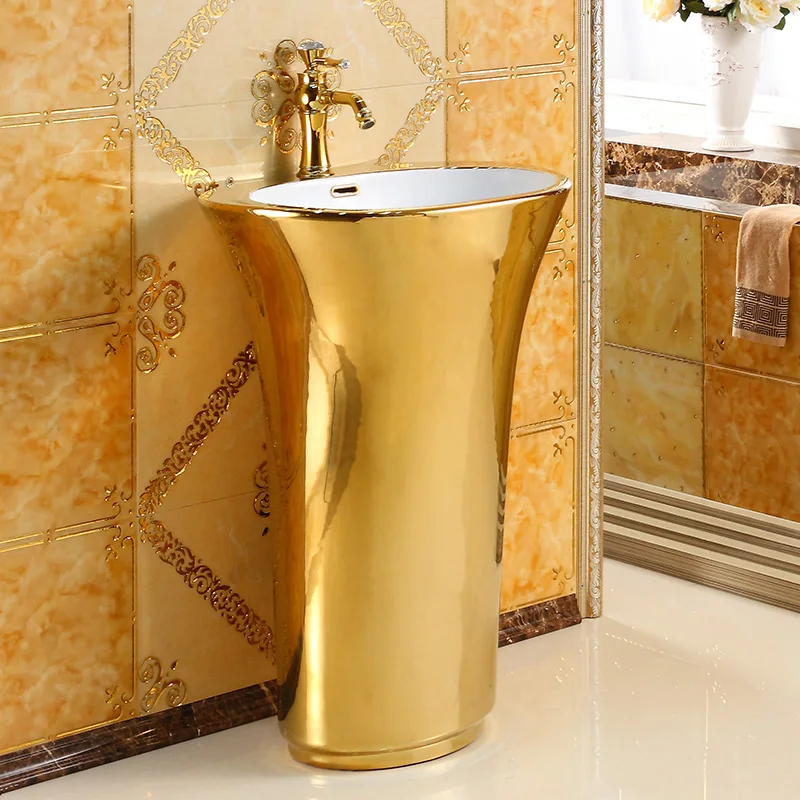 

European style column basin integrated washbasin hotel column washbasin ceramic gold column basin floor standing basin