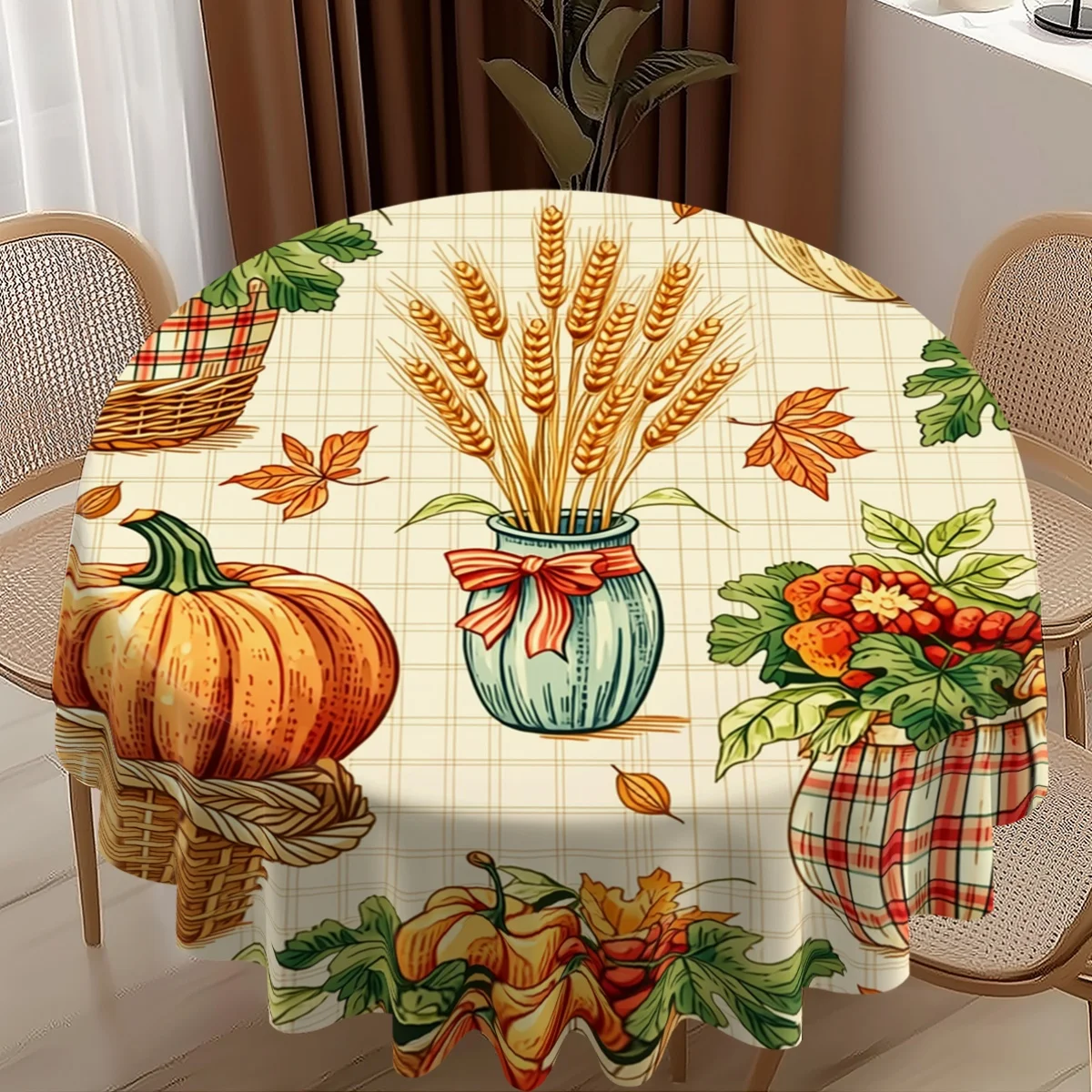 1pc Round Tablecloth, 2D Pattern Printed Round Tablecloth with Pumpkin, Wheat, Berries And Autumn Leaves Design
