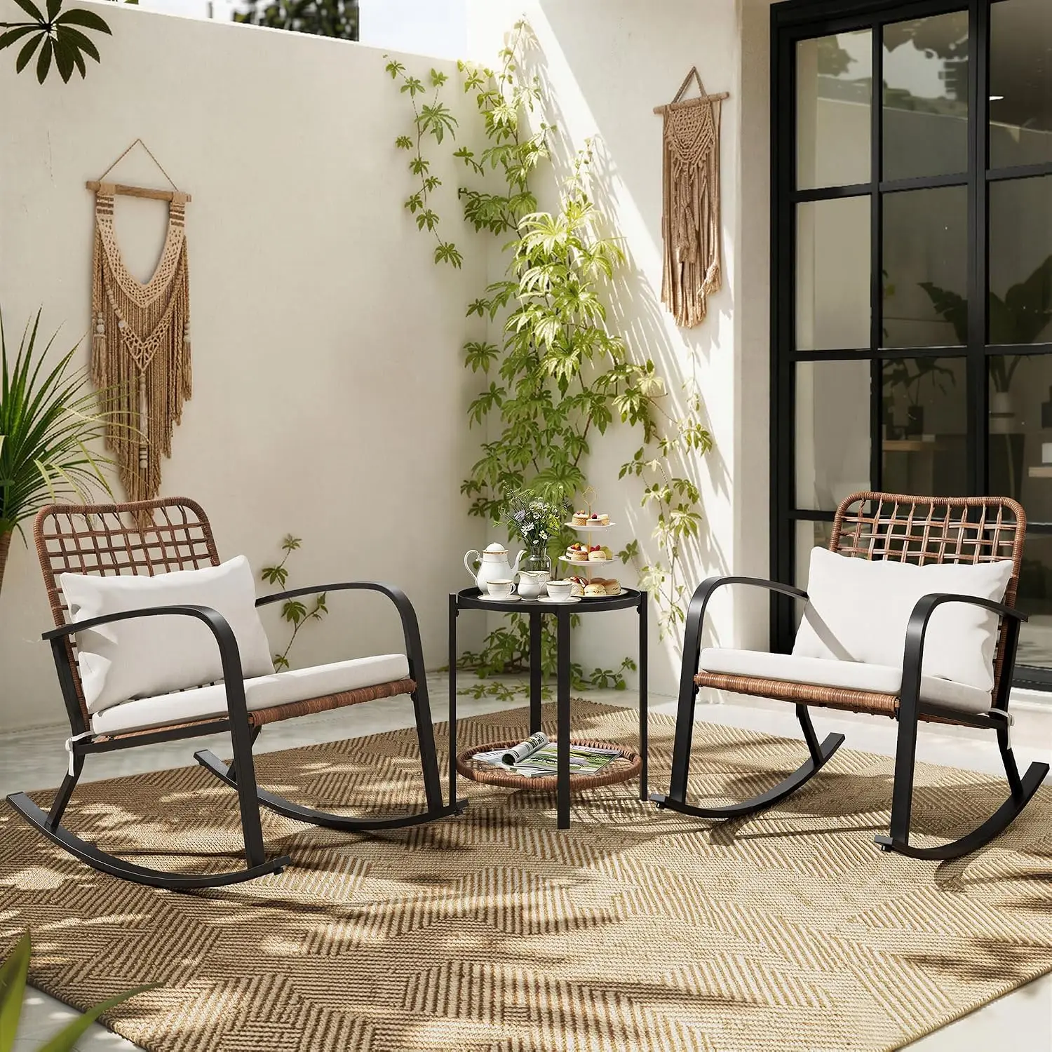 Patio Furniture Set for Small Space, Outdoor PE Rattan Rocking Set with 2-Tier Side Table for Balcony, Porch, Yard, Customized