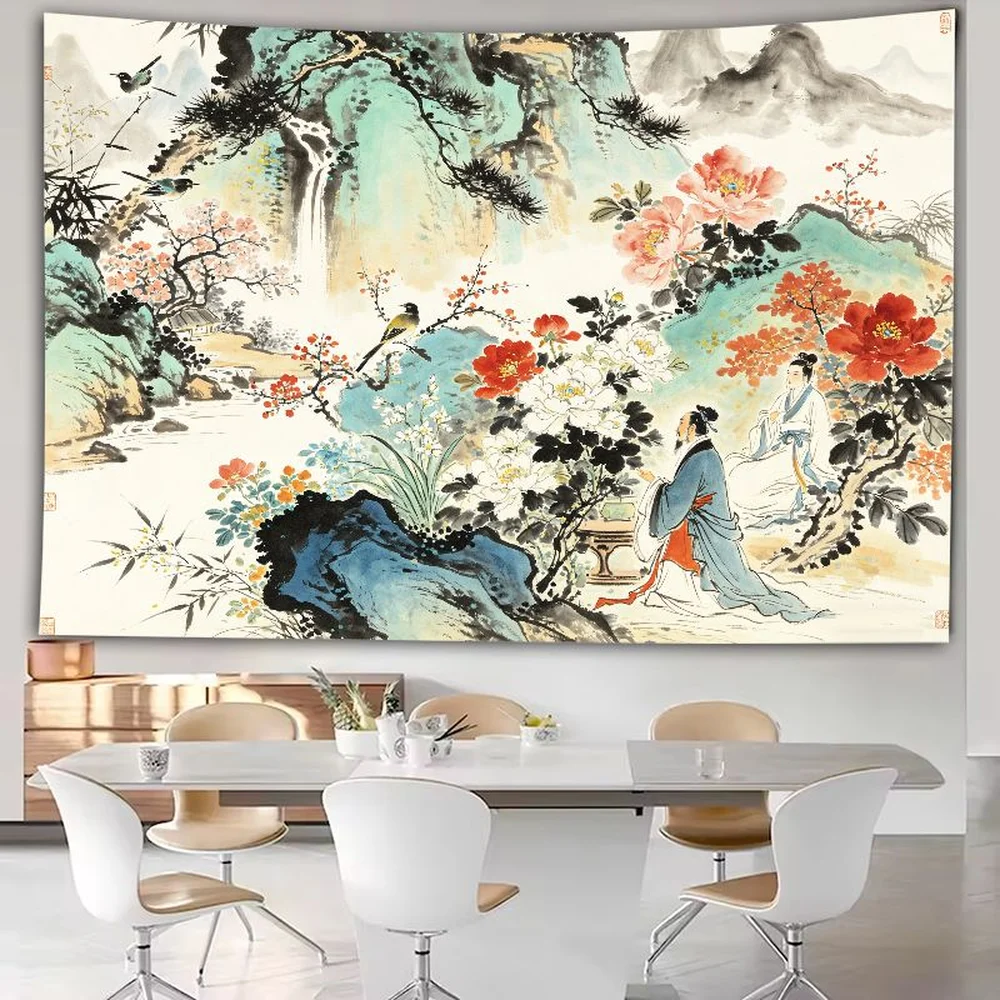 Oriental Wall Hanging, Asian Waterfall Landscape Pine Trees Zen Home Decor