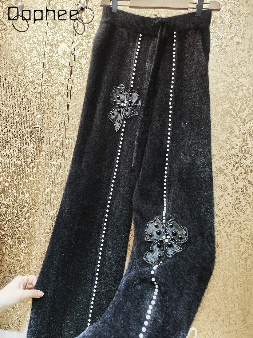 

Heavy Industry Mink Fluffy Casual Pants Beading Flower Warm Wide Leg Pants Lace Up Elastic 2024 Winter Female Clothing