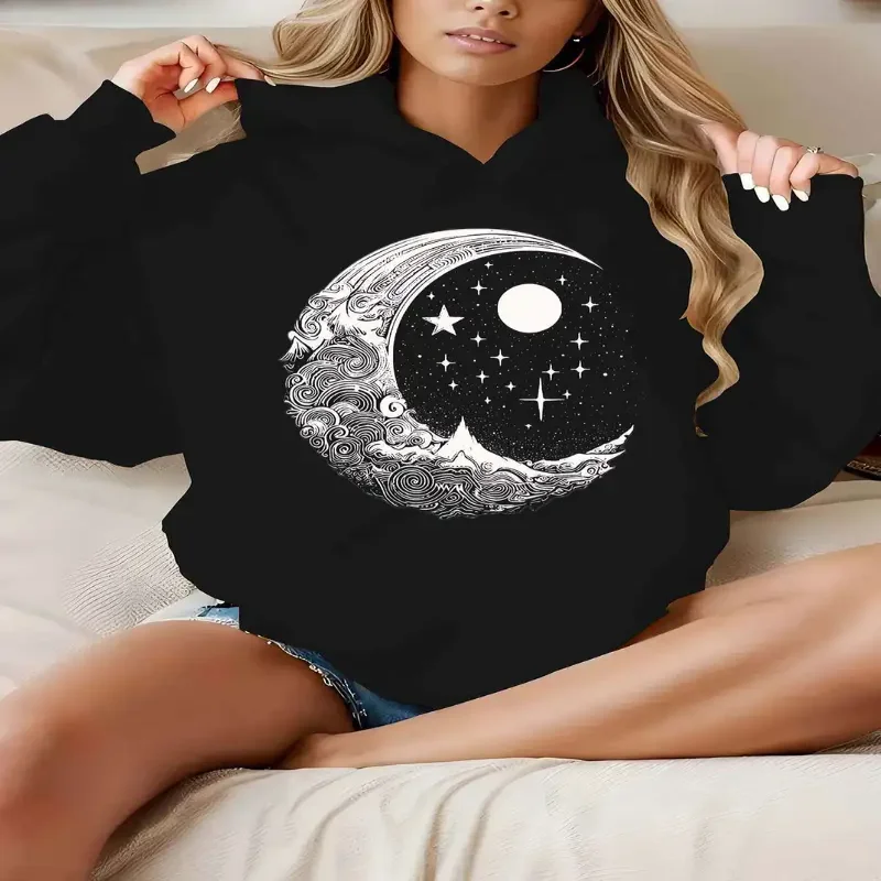 

Moon Stars Print Hoodie Soft Cotton Long Sleeve Casual Pullover Sweatshirt Unisex Design Perfect Casual Womens Fall Winter Wear