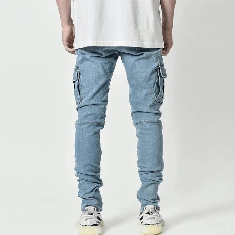 

Men Casual Jeans Pants Multi Pockets Slim Pant Denim Trousers Male Black Blue Jeans Pencil Pants Four Seasons Classic Streetwear