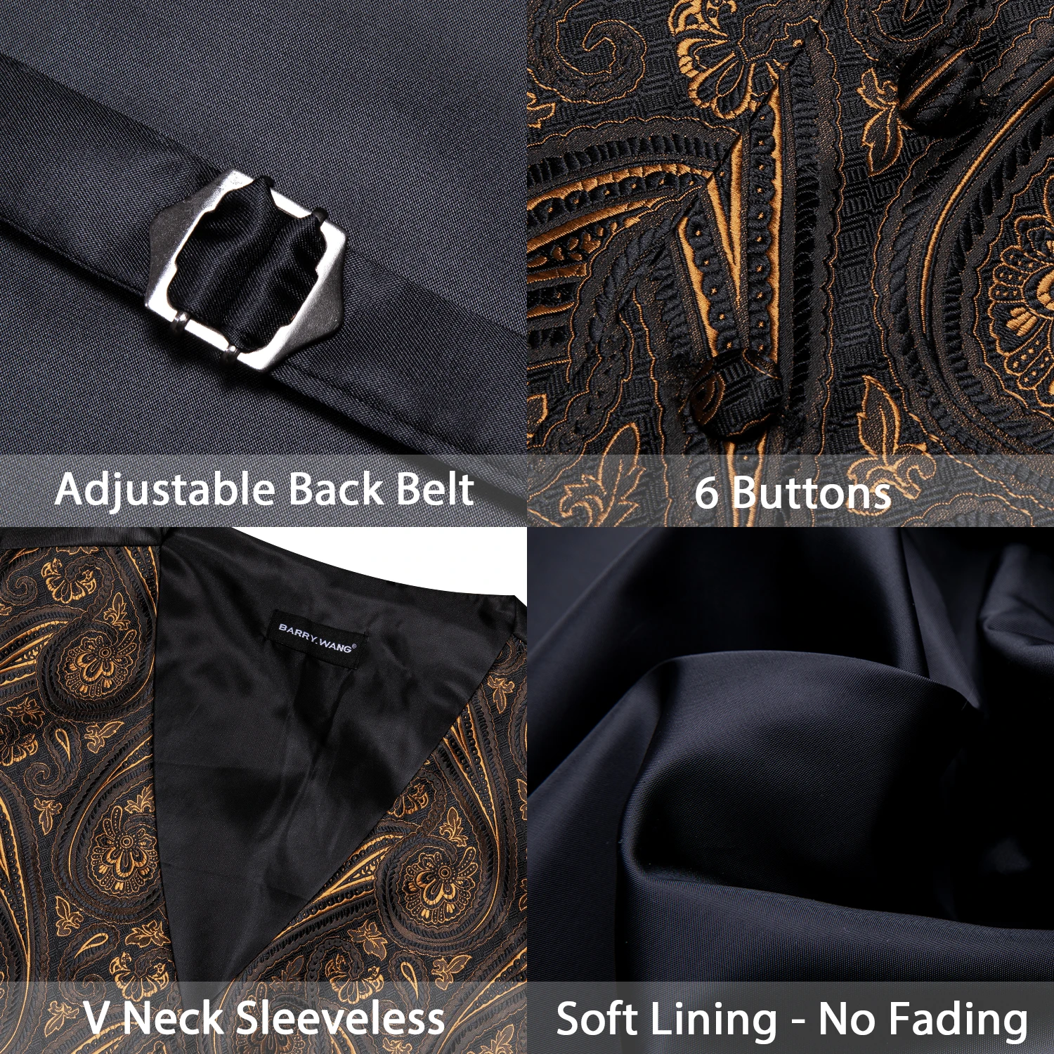 Luxuriöse Jacquard-Herrenanzugweste mit V-Ausschnitt, passende Krawatte, Fliege, Einstecktuch und Manschettenknöpfe im Set für Hochzeit, Party, formelle und legere Anlässe – Detail 7