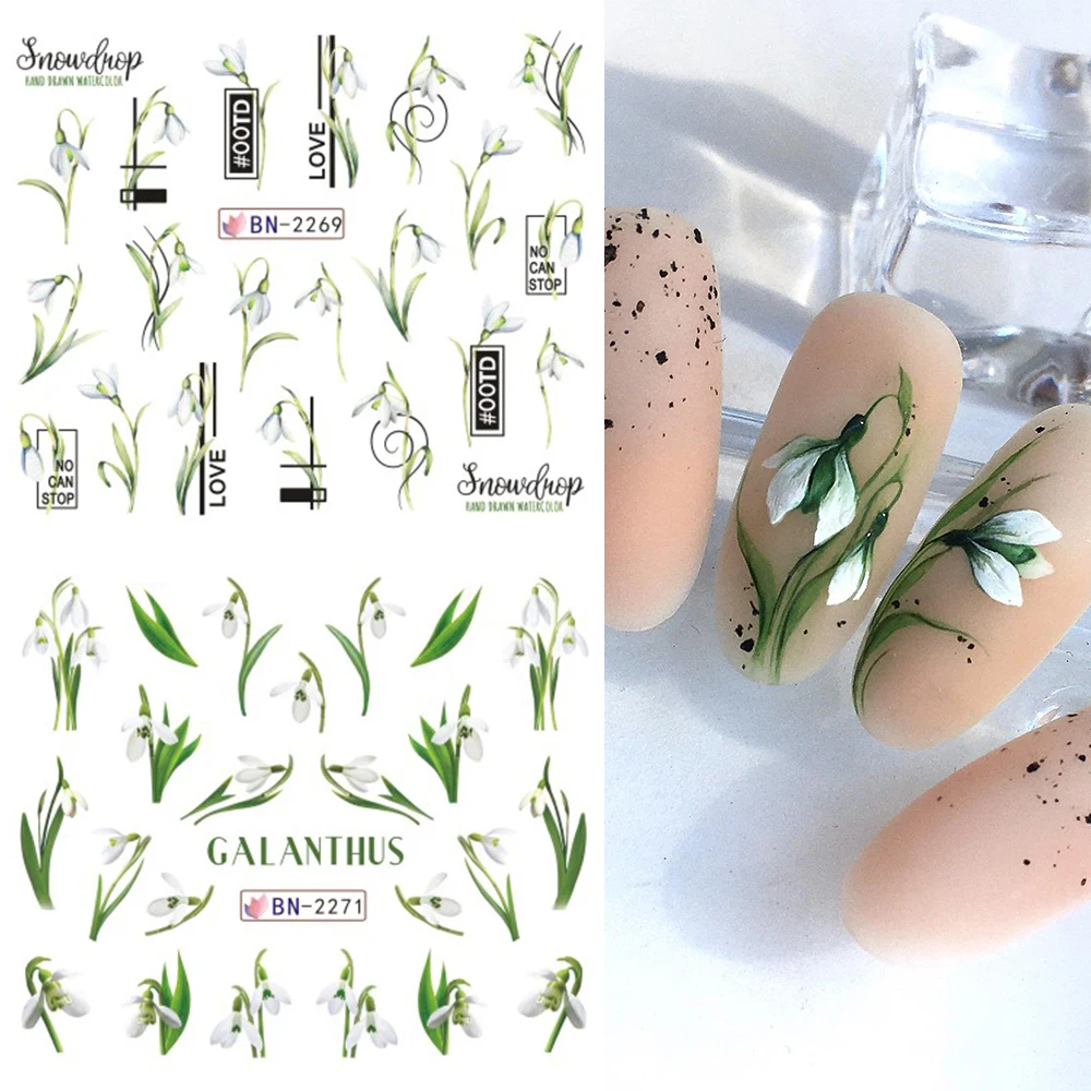 Calcomanías de agua para uñas con flores de tulipanes, pegatinas de transferencia de hojas para uñas, decoración de primavera y verano, gotas de nieve, marcas de agua, deslizador LEBBN2269-2280