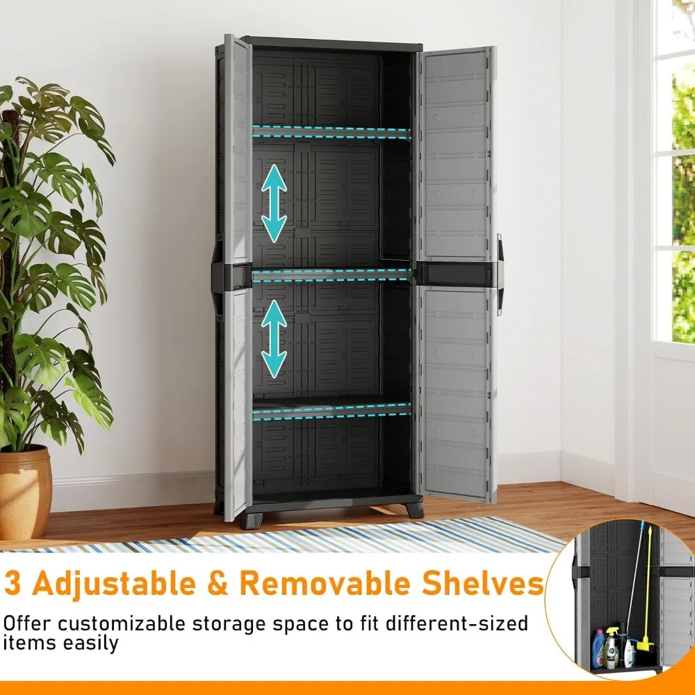 Запираемый шкаф для хранения, гаражный сарай с дверцами, регулируемые полки, отдельно стоящий шкафчик для инструментов, стеллаж для кладовой
