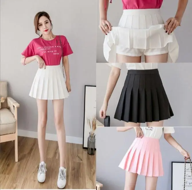 College style Korean solid color anti glare a Word skirt high waist pleated short skirts for women