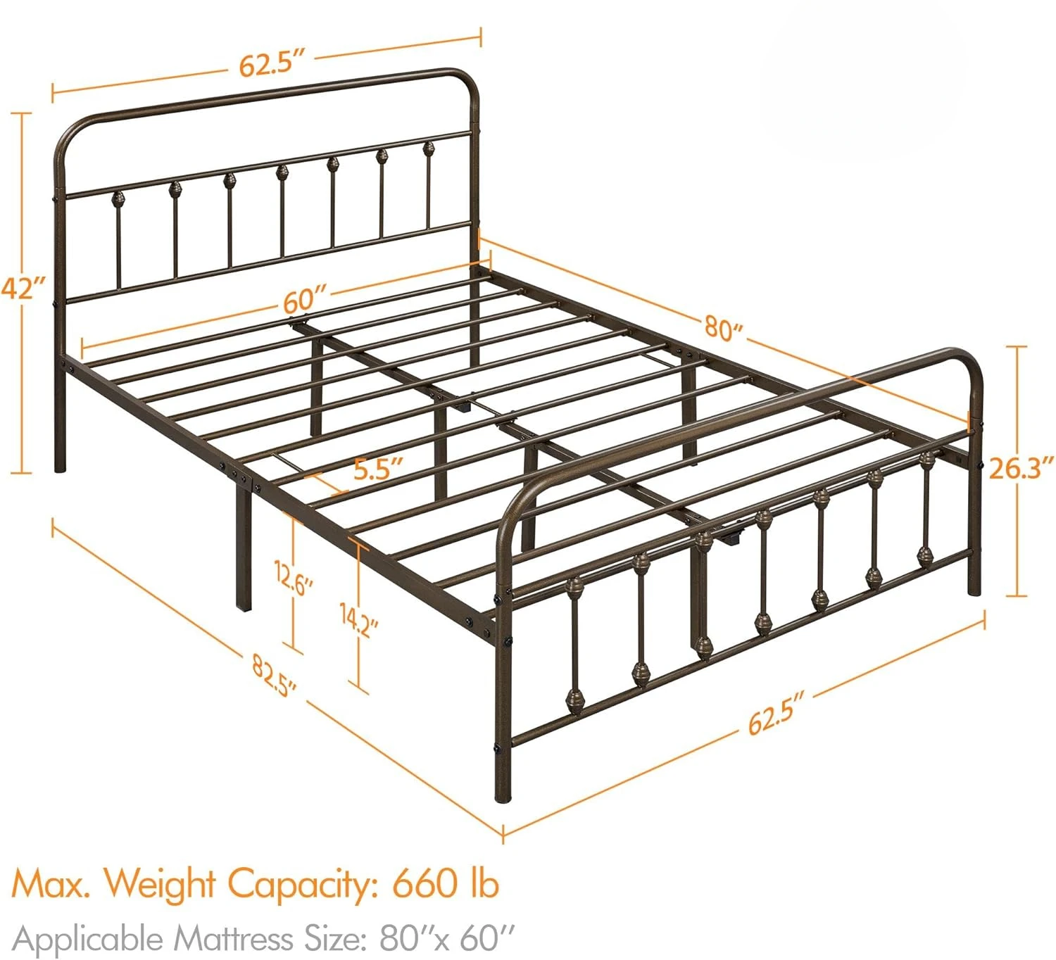 Bed frame, mattress base, iron headboard/footrest/storage space under the bed/no need for springs/large bronze