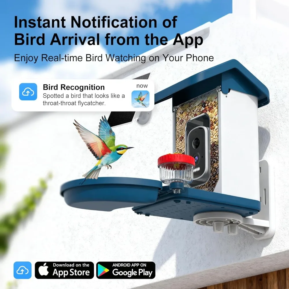 وحدة تغذية الطيور مع كاميرا تعمل بالطاقة الشمسية، بيت الطيور بالفيديو عالي الدقة بدقة 4K، تحديد أنواع الطيور بالذكاء الاصطناعي، البث المباشر والرؤية الليلية