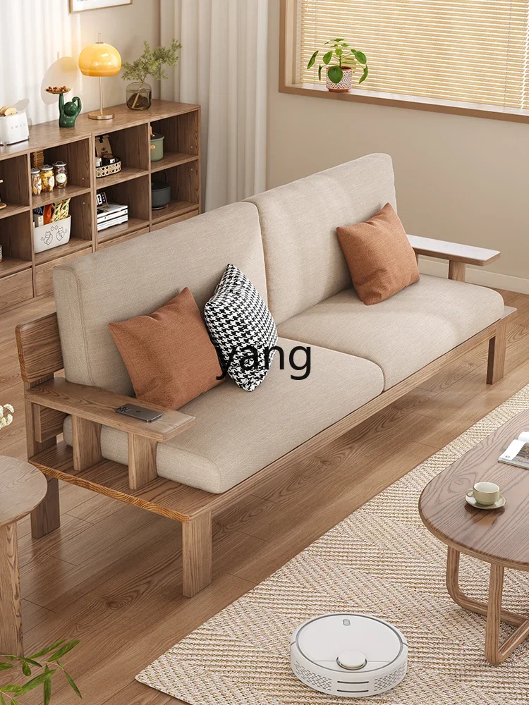 LMM,  Nordic solid wood small apartment household straight row three or four people dual-purpose fabric sofa