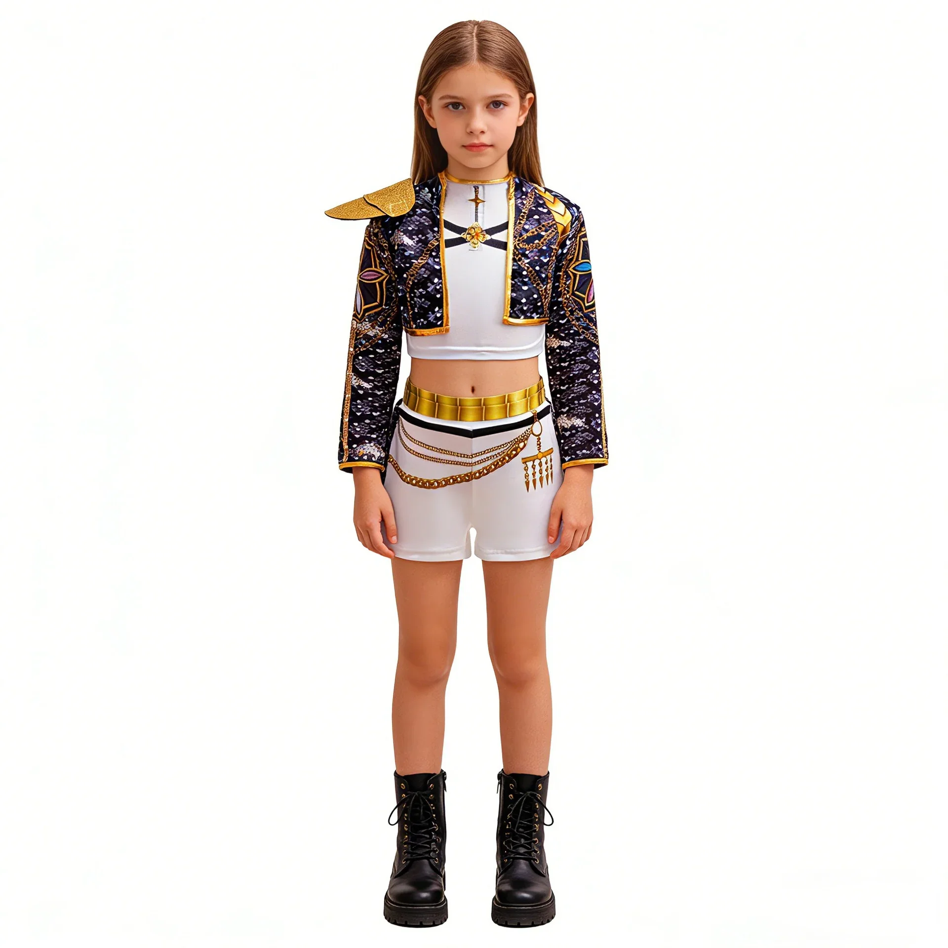 Mädchen Hip-Hop 3D-Druck Goldverzierung Kurze Jacke Weiße Shorts Set Perücke Ohrringe Bühnen-Cosplay-Auftritts-Outfit – Detail 2