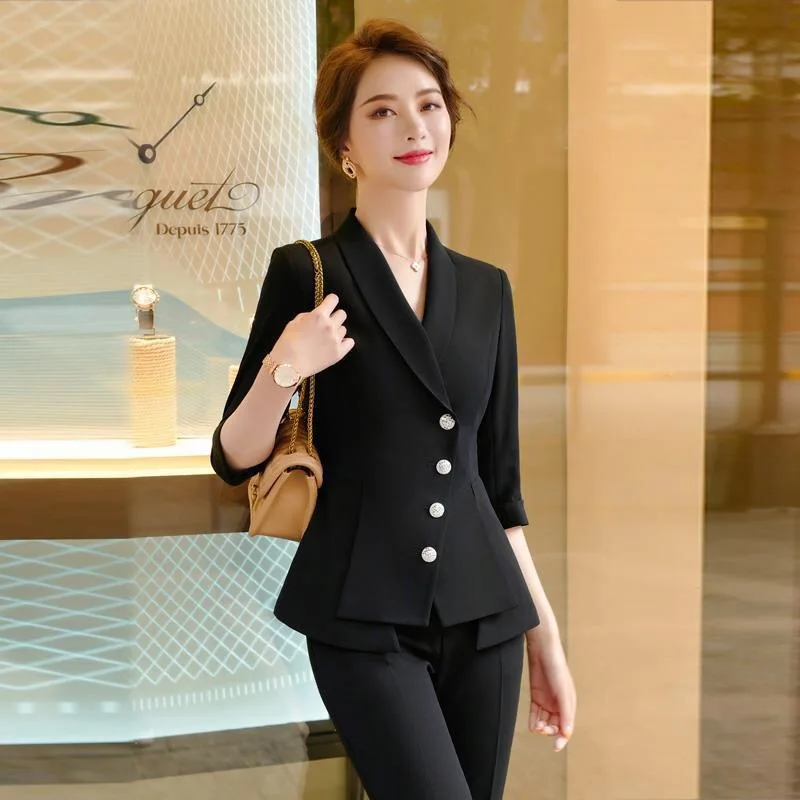 Spring Summer Half Sleeve Blazer and Pant Suit Beige Black Green Office Ladies Formal Business Work Wear Two Piece Set