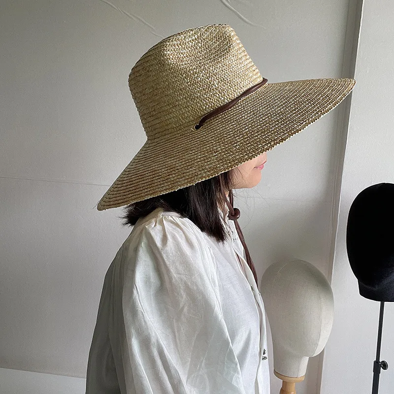 Natural Handmade Wheat Straw Women Panama Hat Tie Wind Rope Wide Brim Sun Hats for Beach Lifeguard Rush Straw Summer Hat Surfing