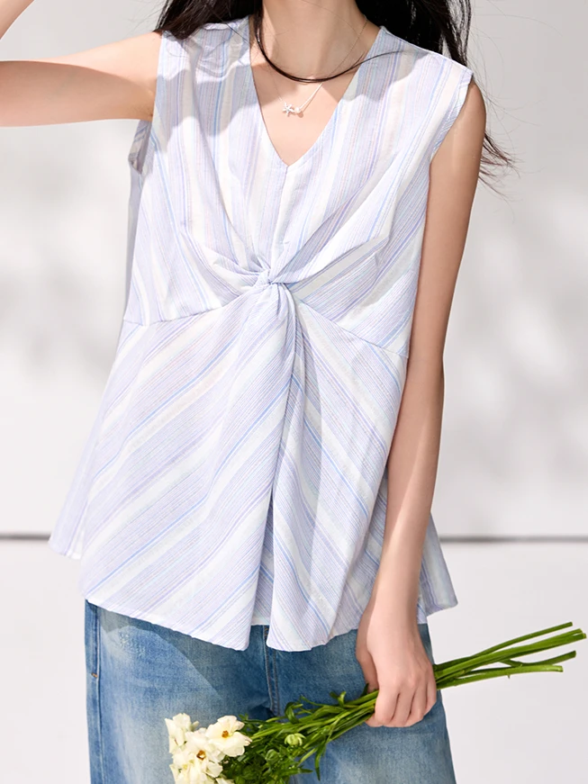 New Women's V-Neck Knot Striped Textured Sleeveless T-Shirt Fashionable Loose Slimming Minimalist Casual Versatile Summer Top