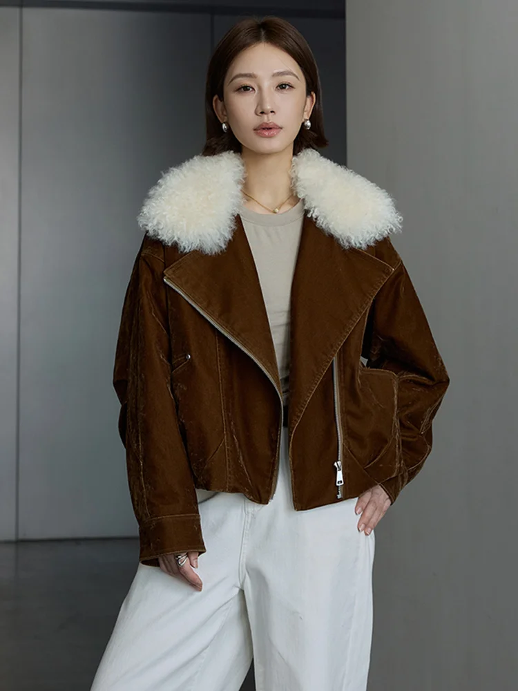เสื้อโค้ทขนแกะแท้สำหรับผู้หญิง ฤดูหนาว 2026 พร้อมปกขนแกะ  เสื้อแจ็คเก็ตขนห่าน  ผ้าเดนิมธรรมชาติ  ผ้าลูกฟูก  เสื้อคลุมหรูหราสำหรับผู้หญิง