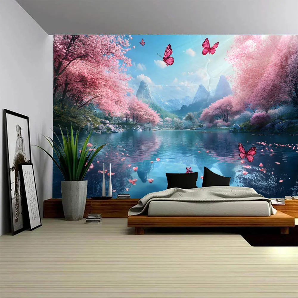 Japanese Dream Cherry Blossom Butterfly Wall Tapestry for Living Room Bedroom Office Decorative Hanging Poster for Parties