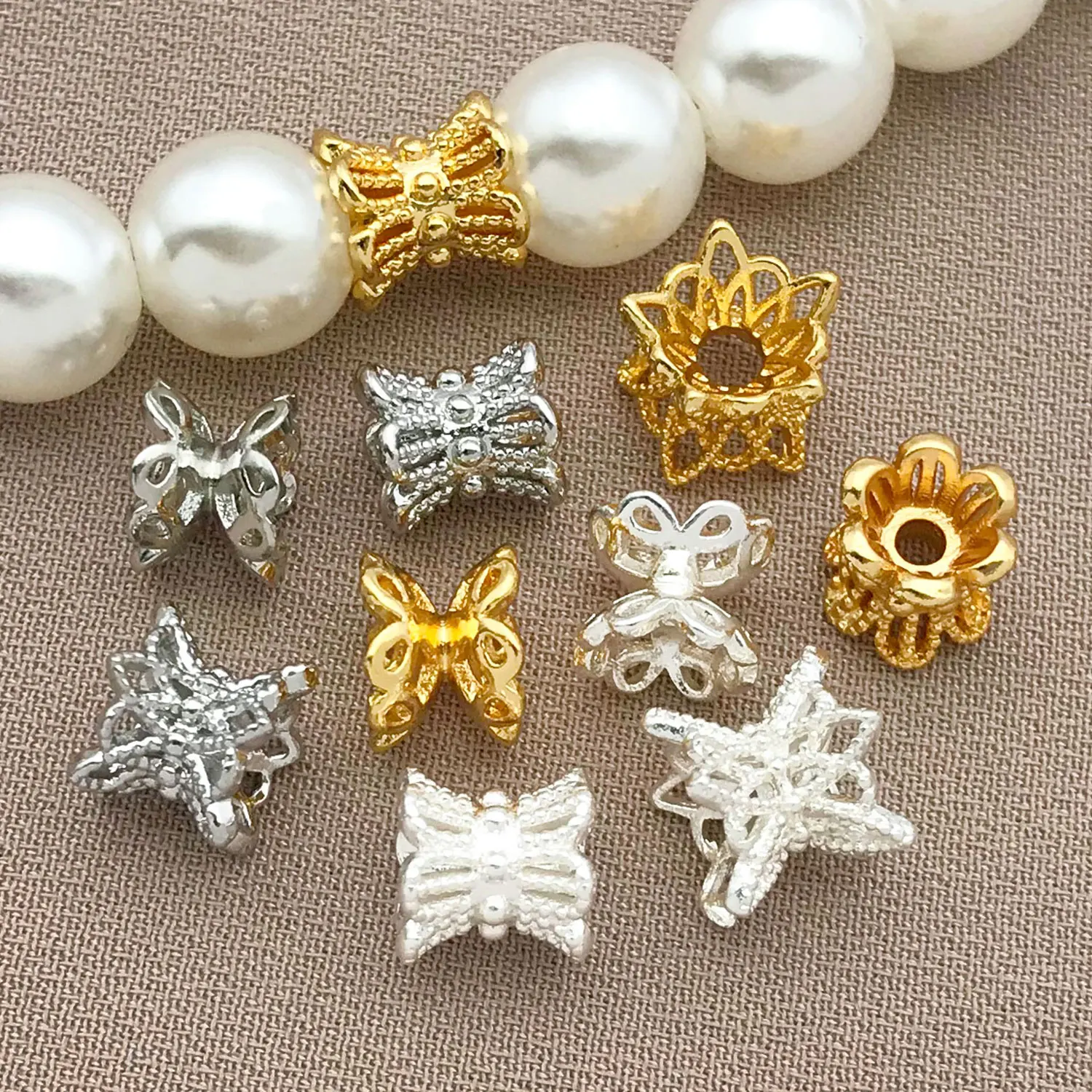 20pcs 18k Genuine Gold Thick Silver Platinum Hollow Mosaic Flower Hat DIY Making Necklace Bracelet Accessories Spacer Beads