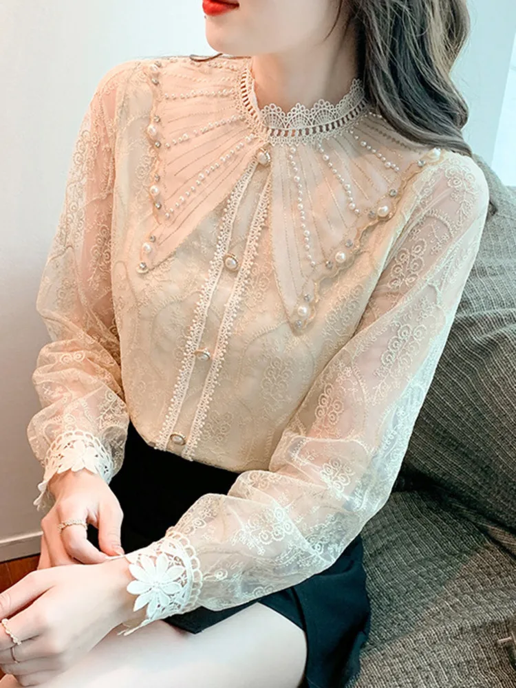 #2582 Vintage Lace Blouse Women Ruffles Collar Split Joint Buttons Chiffon Womens Tops And Blouses Long Sleeve France Style