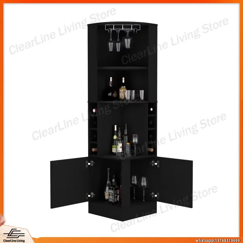 Armário de Bar de Canto Atanasio com 8 Prateleiras para Taças de Vinho, Porta Dupla, Acabamento Preto Wenger, Móvel de Bar para Casa, Adega