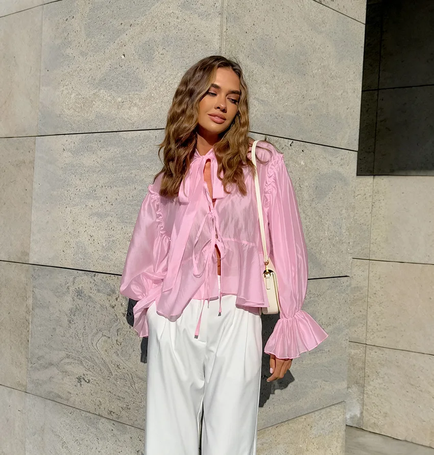 Autumn New Puff Sleeve Loose Lace-up Shirt 2025 European and American Fashion Top Women