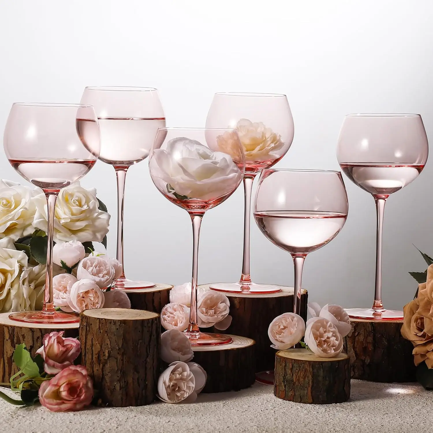 

Balloon Shaped Pink Wine Glasses Set 6-15oz Hand Blown Morandi Pink Crystal Glassware with Long Stem,Red White Wine Stemware Gif
