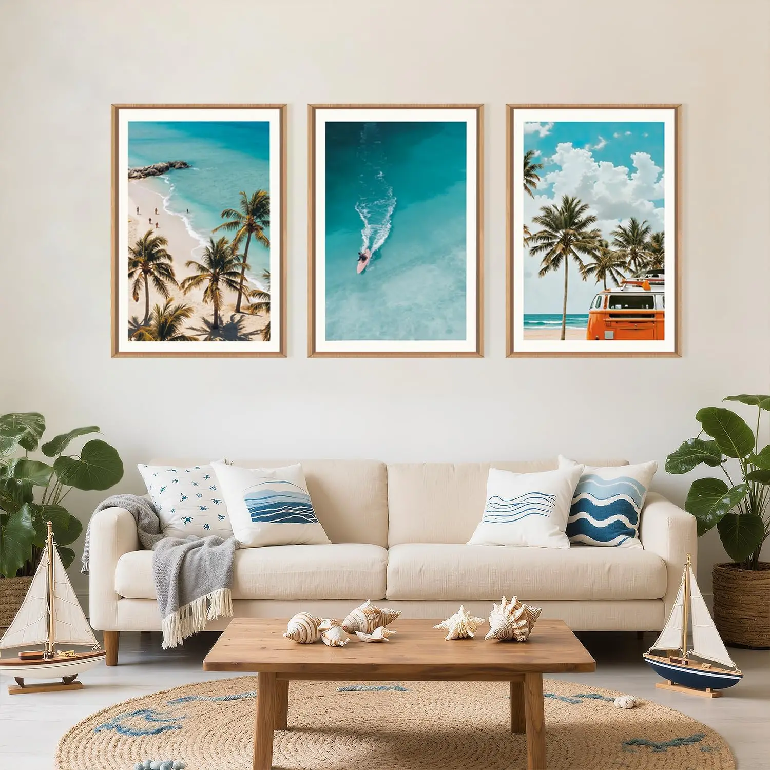 3pcs Natural Surfboard Beach Canvas Wall Art Modern Ocean Surfing Palm Tree Wall Paintings Living Room Office Home Decoration