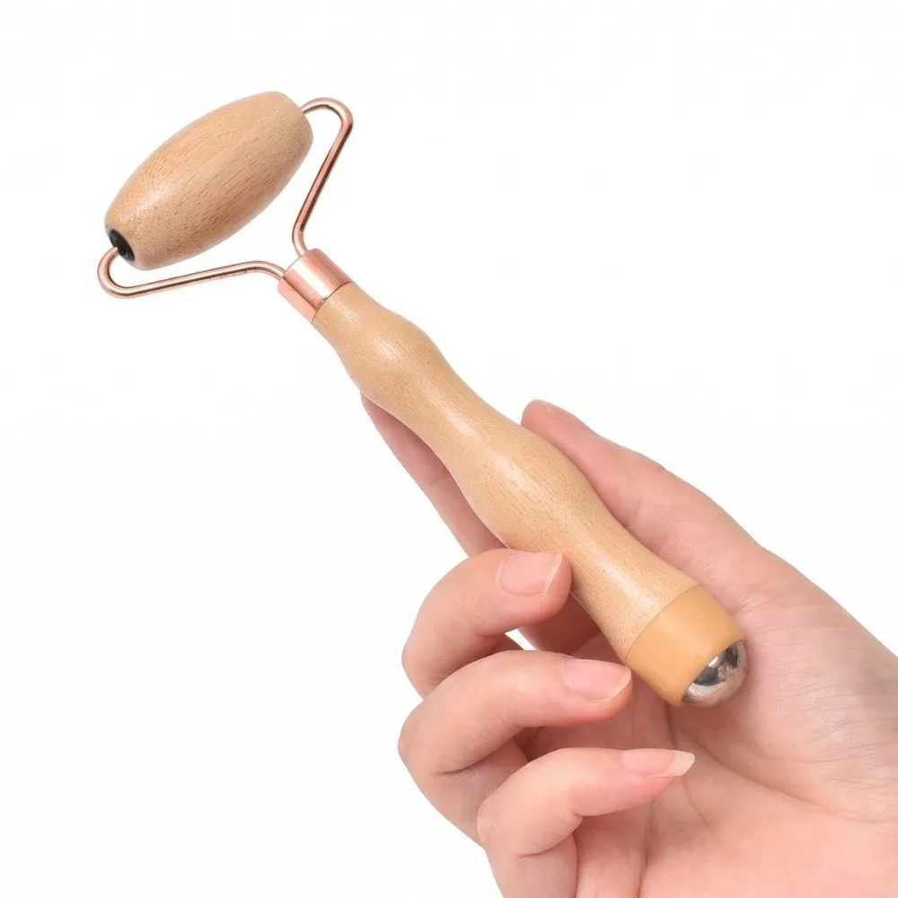 Bamboo Wood Face Massage Roller Metal Ball Curved Bracket Handheld Roller Dual End Polished Handle Facial Massager Home Use