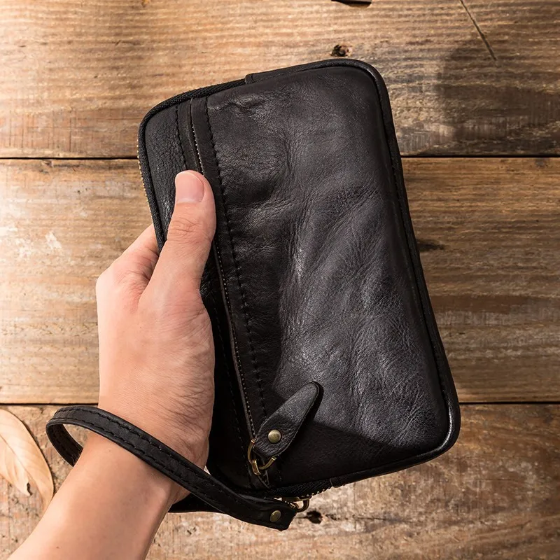 

Vintage Top Layer Leather Long Wallet for Men Handmade Genuine Leather Black Clutch Multifunctional Zipper Money Clasp Purse