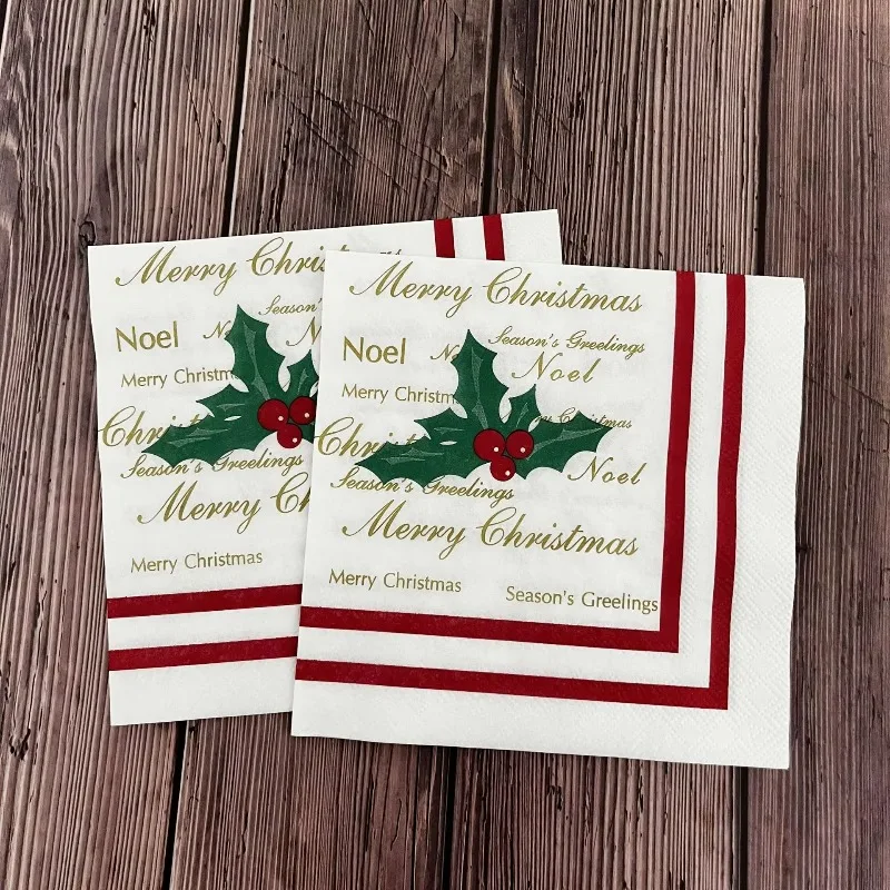 20Pcs 2Ply 33cm Christmas Holly Napkins Noel Season's Greetings Disposable Paper Napkins for Xmas Party Decor