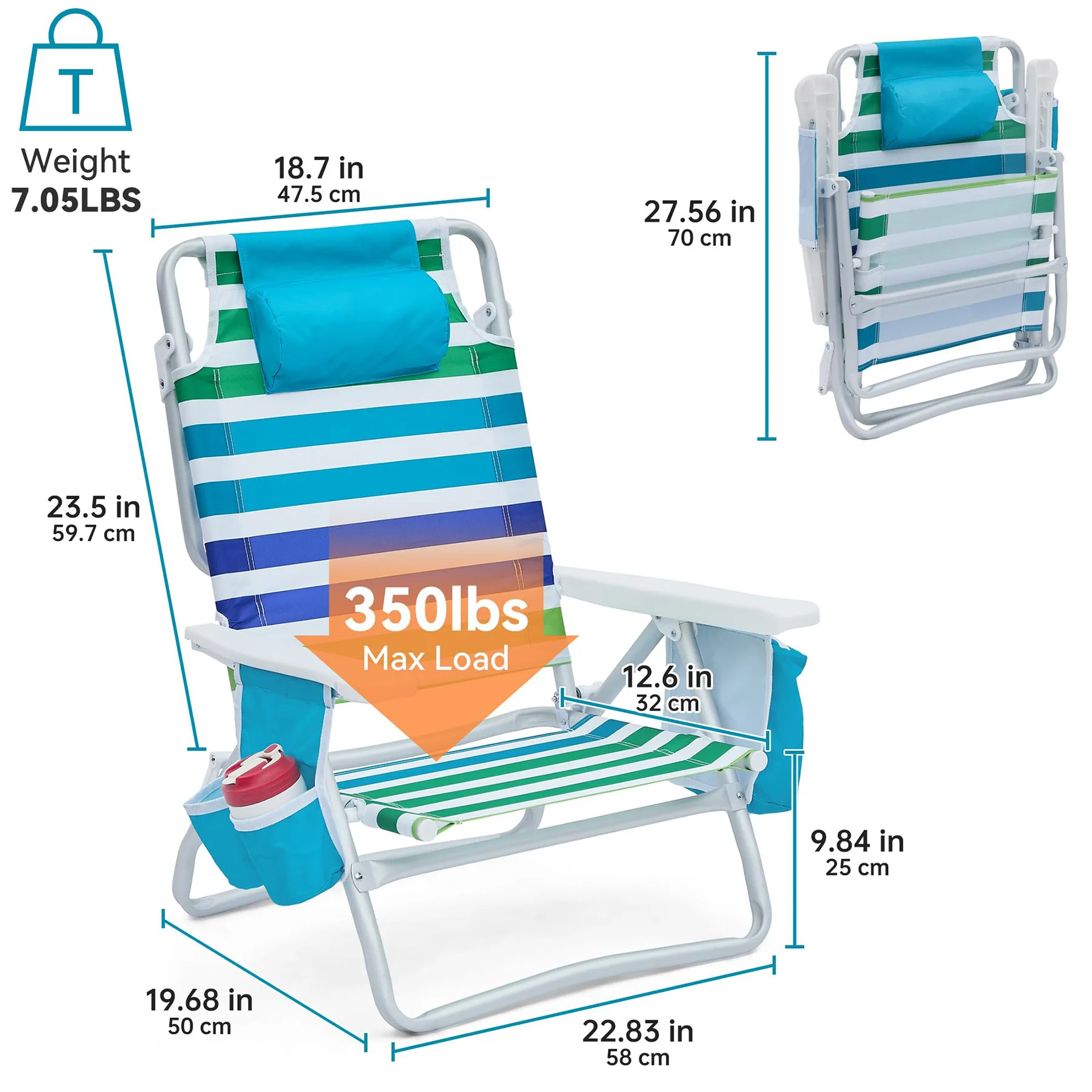 2-Pack Folding Beach Chair for Adults with Towel Bar Cooler Pouch Storage Pouch 5 Adjustable Recline Positions 350 Lbs Weight Capacity
