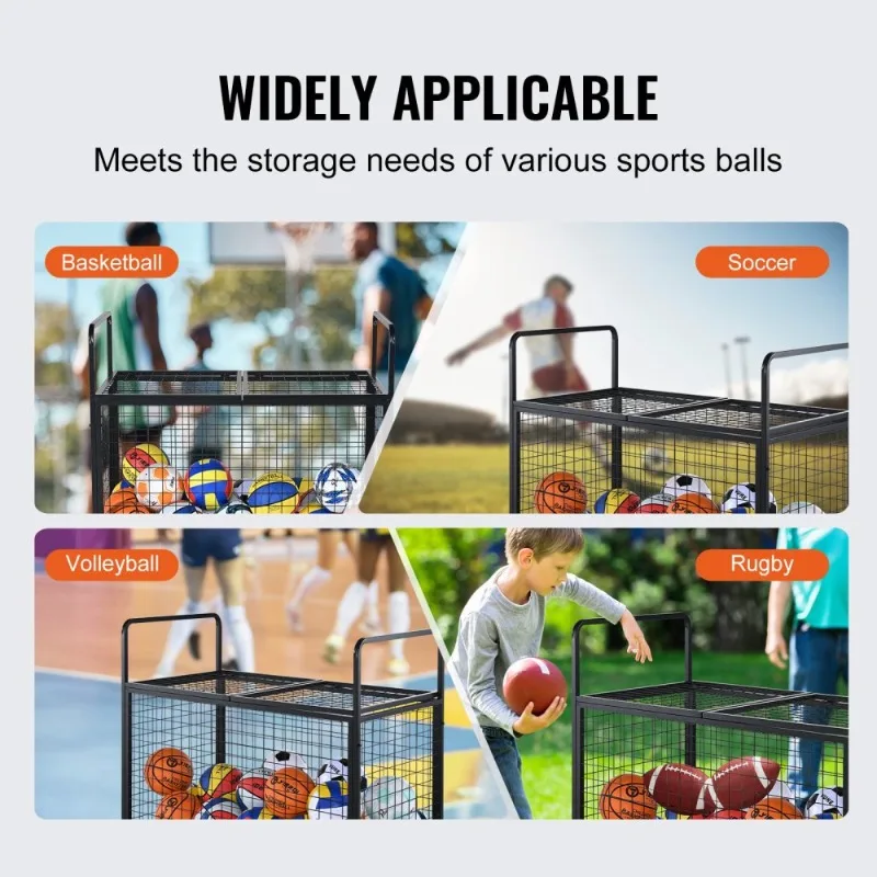 Steel Rolling Sports Equipment Organizer Lockable Ball Storage Cart  Double Lids Basketball Cage Easy To Maneuver