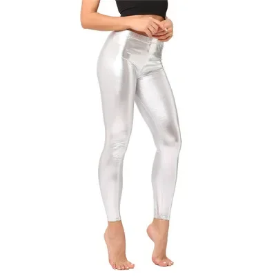 Leggings da donna in pelle laser lucida metallizzata argento color caramello