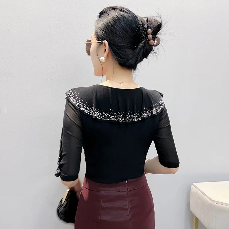 Women’s V-Neck Rhinestone T-Shirt, Middle Sleeve Design, Ruffled Mesh Top, Stylish Blouse for Spring Summer