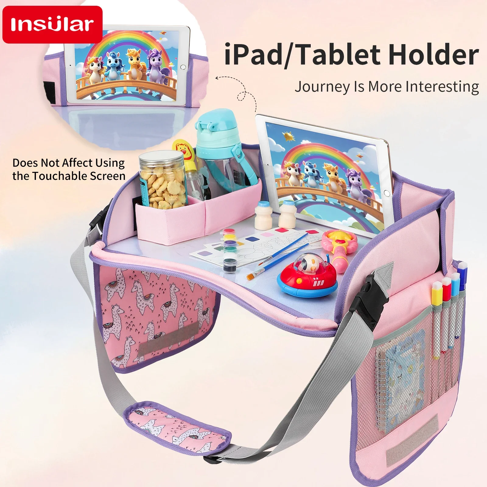 Kids Portable Travel Tray Car Seat with Wipe Clean Whiteboard Toy Storage - Children's On-the-Go Drawing Board for Entertainment